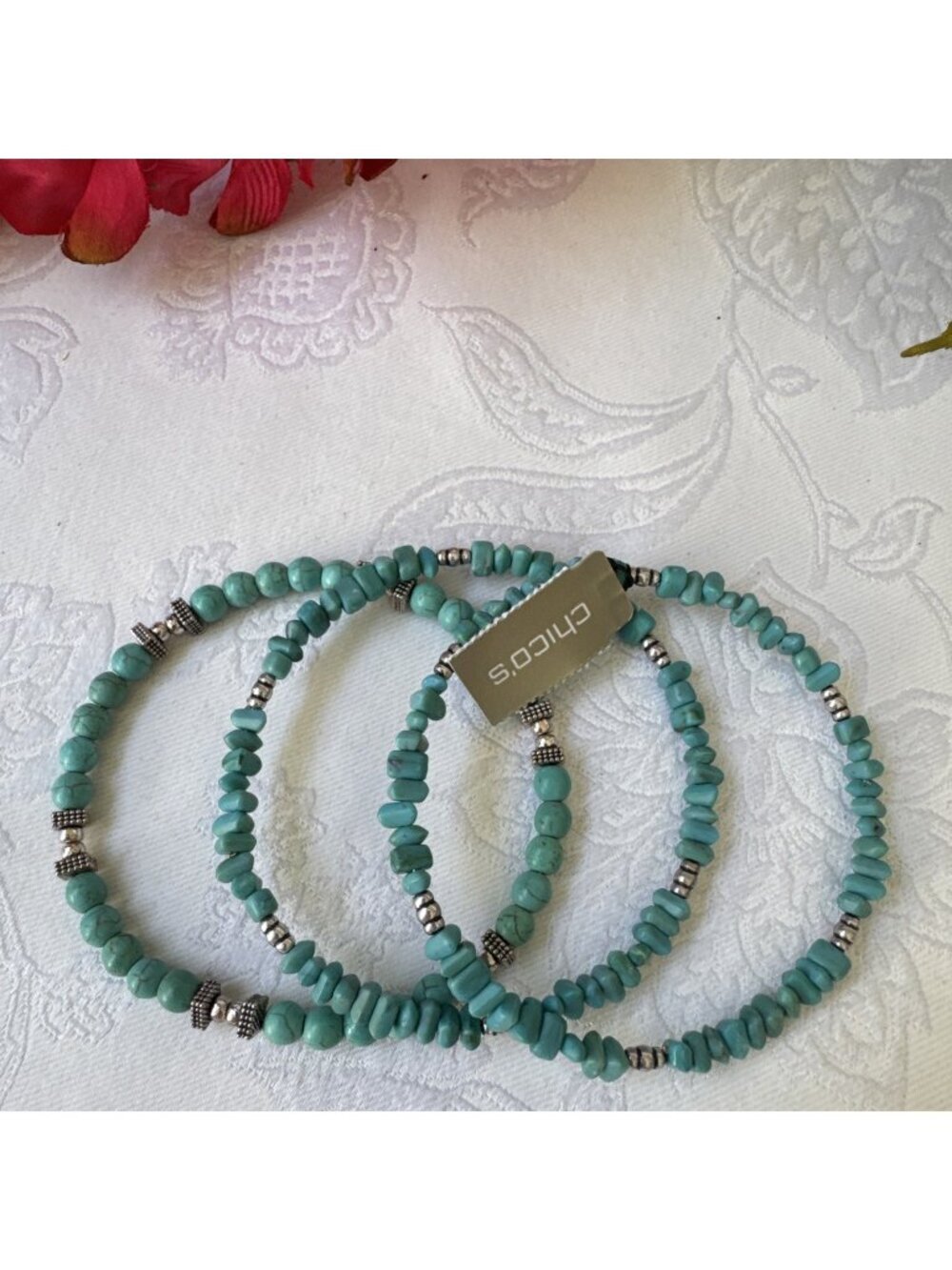 Chico's 3 Piece Thin Turquoise Blue Bead Bracelet Bangle Stackable SET NEW